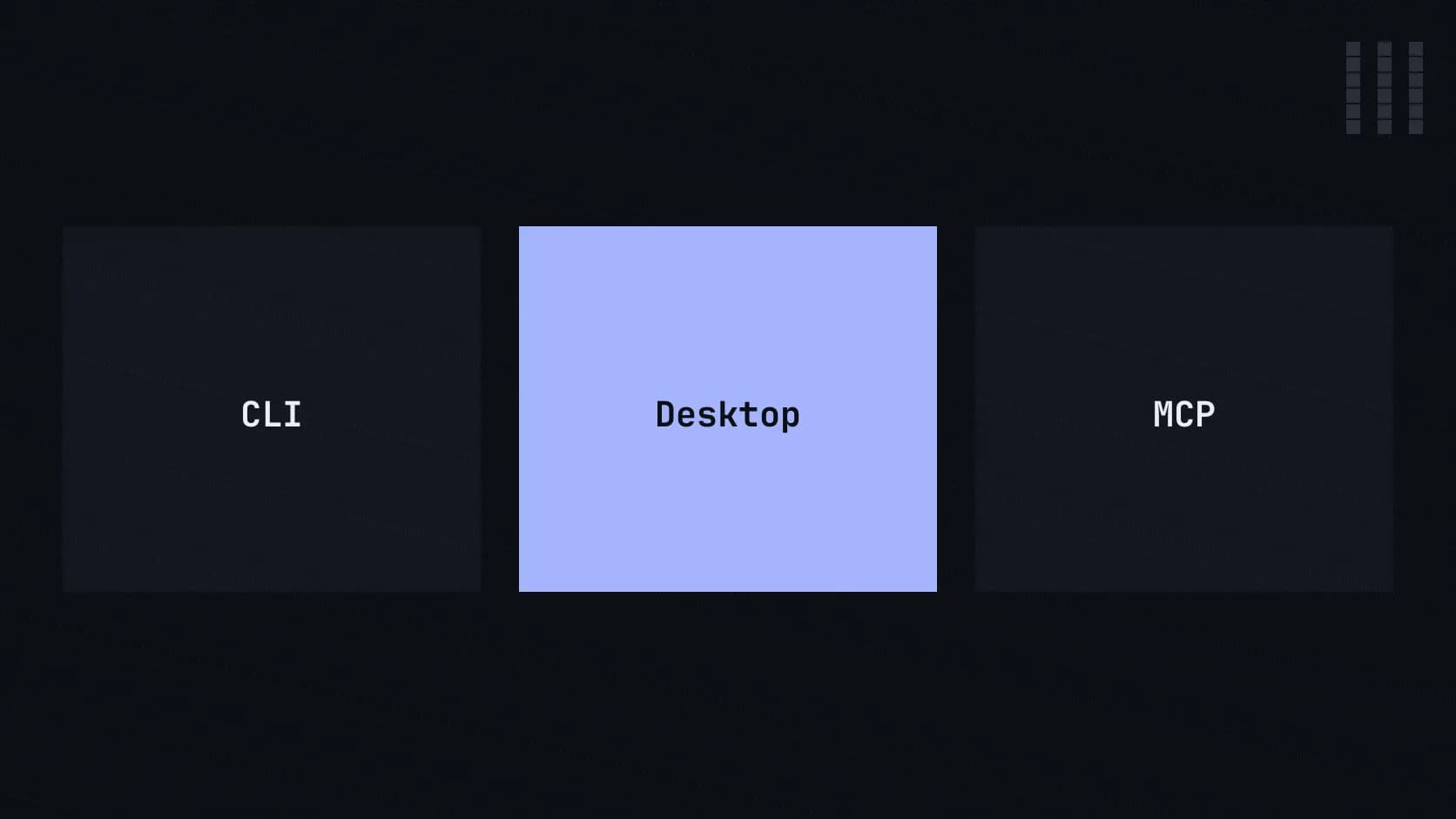 Tres bloques planos etiquetados CLI, Desktop y MCP