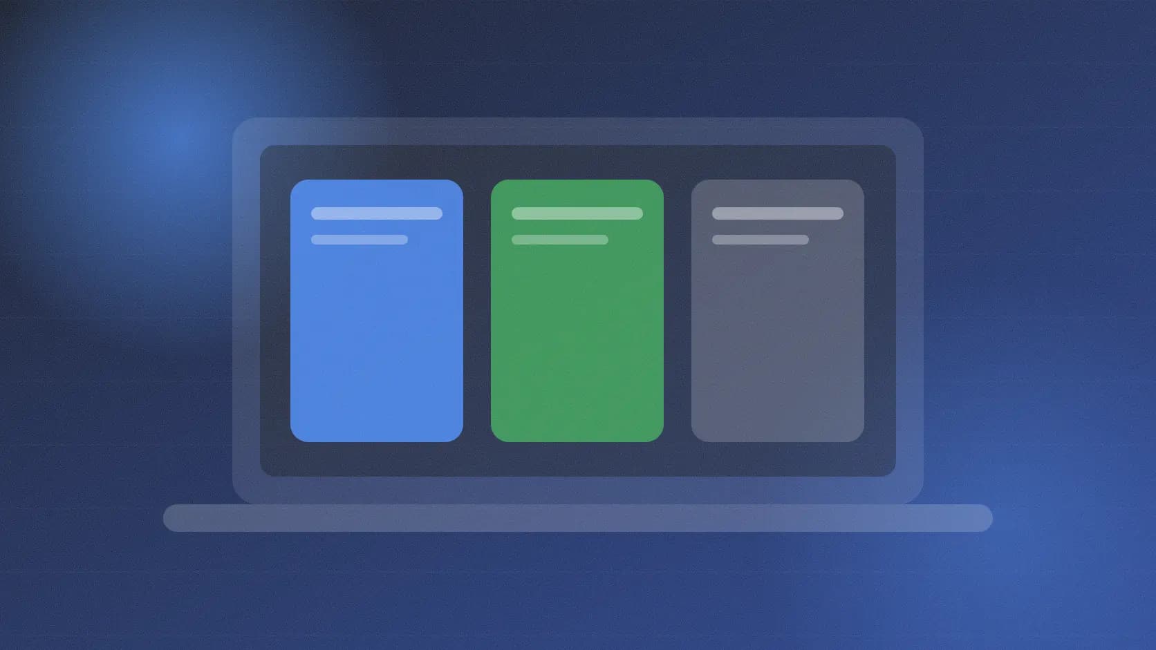 Escritorio con laptop y tres tarjetas de flujo que representan la app de Antigravity, la terminal y el editor de código