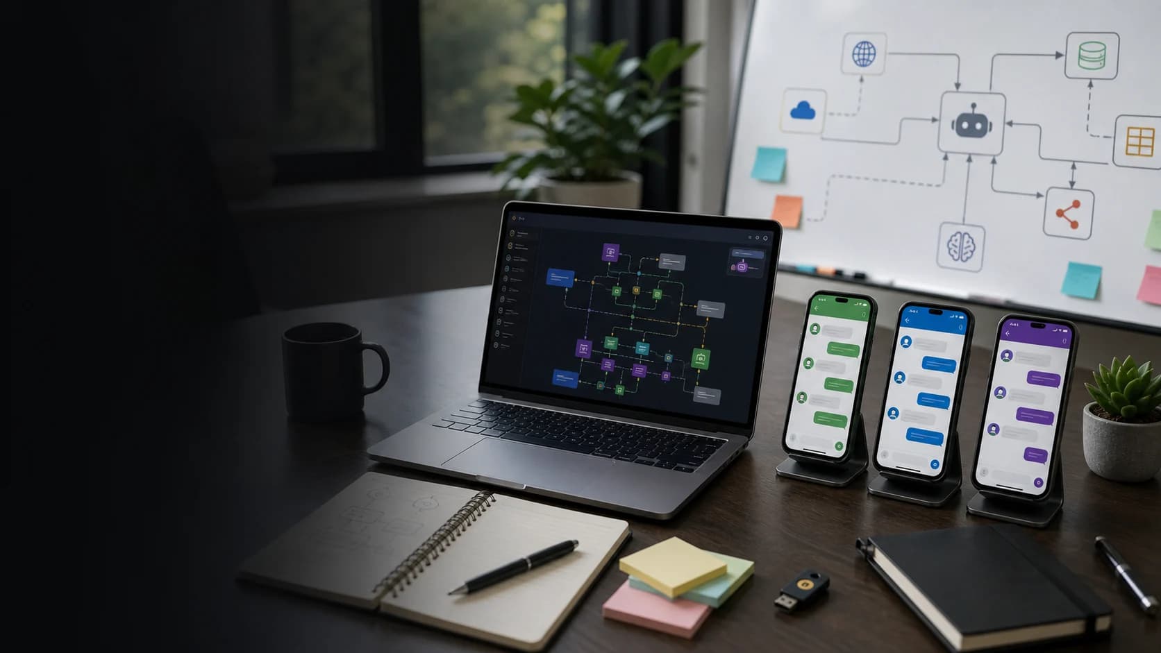 Mesa de trabajo con laptop, teléfonos y diagrama de arquitectura para agentes de IA