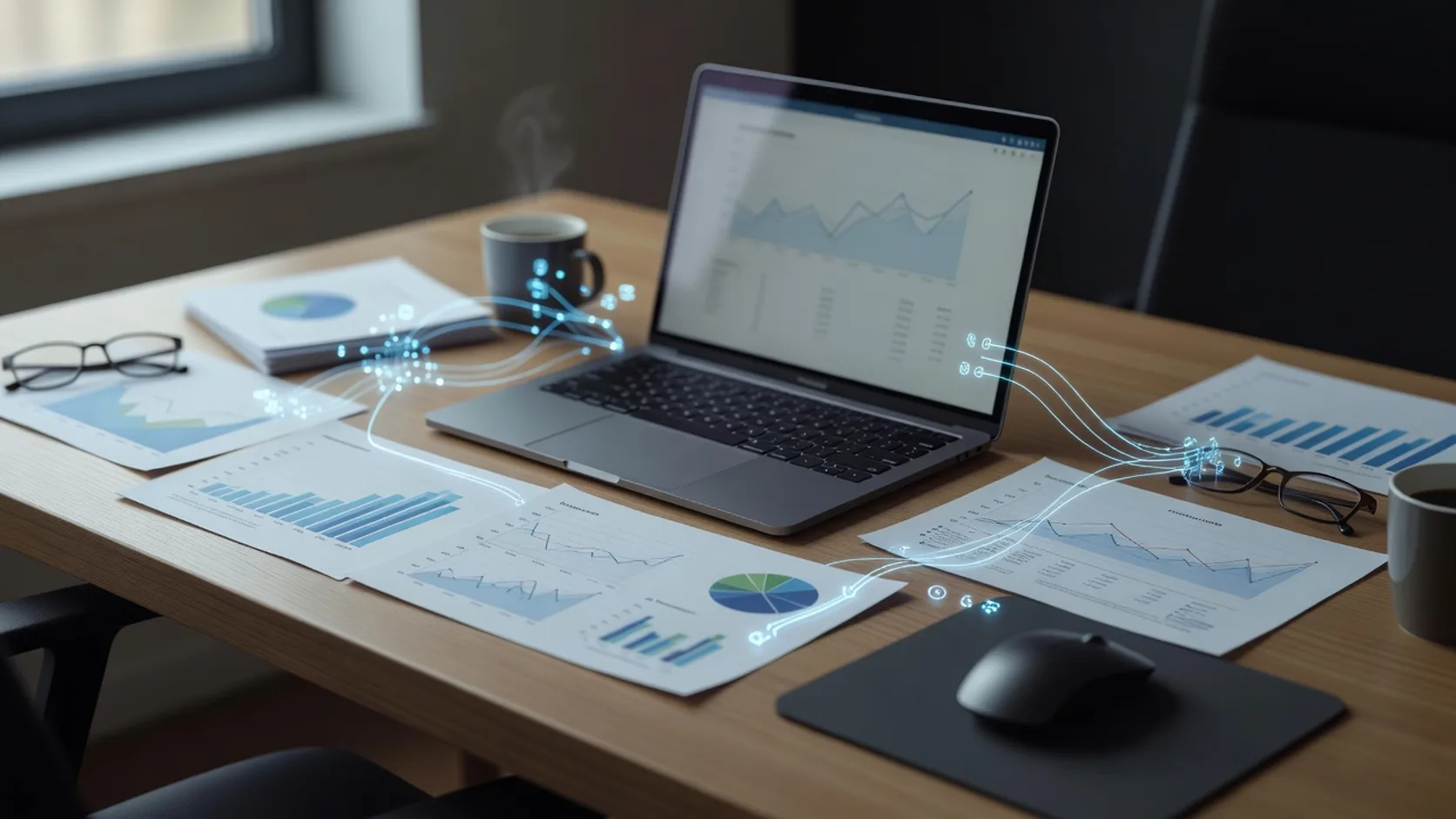 Escritorio con laptop, gráficos de ingresos y un agente de IA trabajando entre documentos