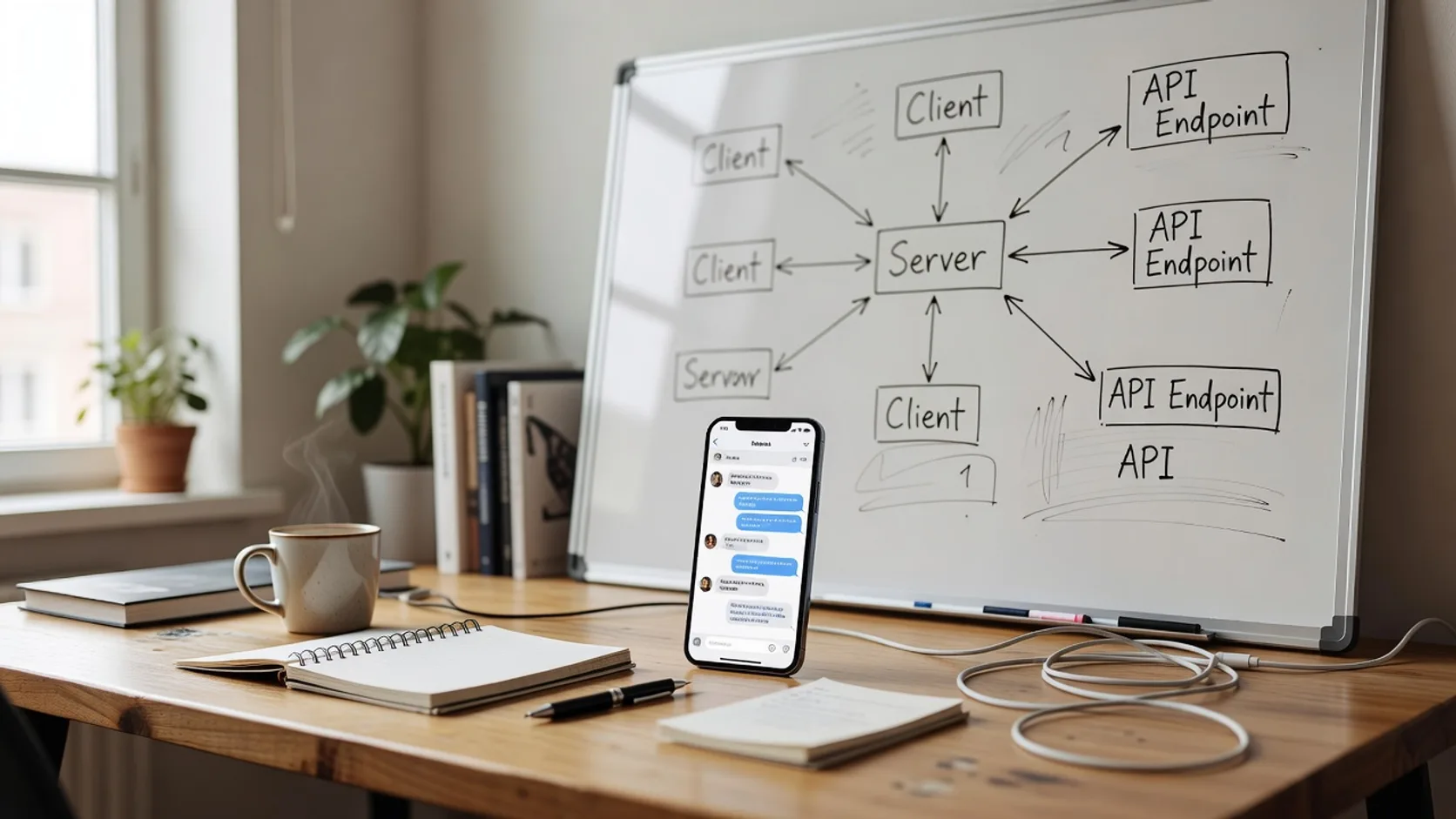 Teléfono móvil con una conversación de chat y detrás un diagrama de arquitectura con webhook y servidor