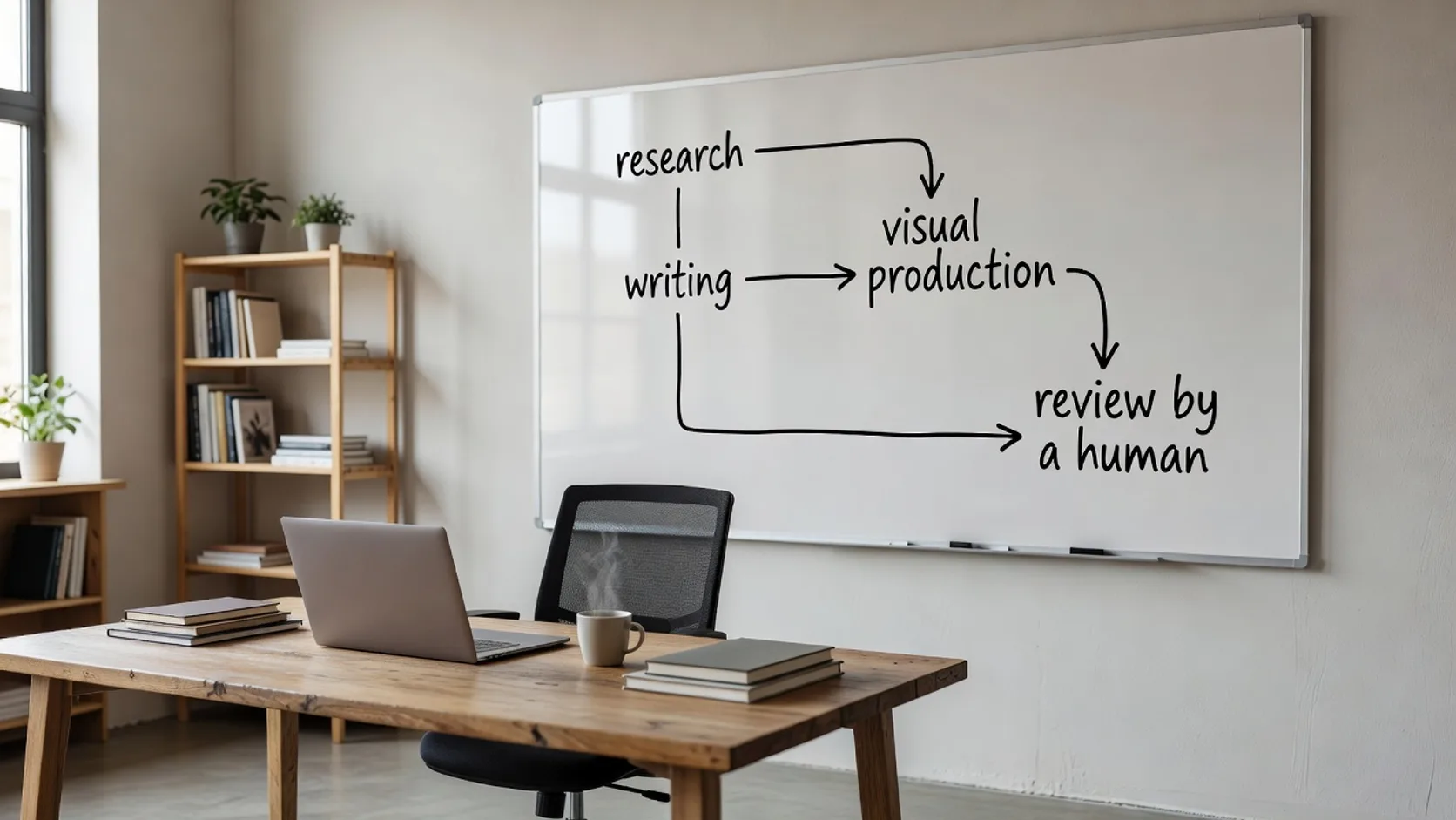 Flujo de contenido de marketing: investigación, redacción, producción visual y publicación con revisión humana