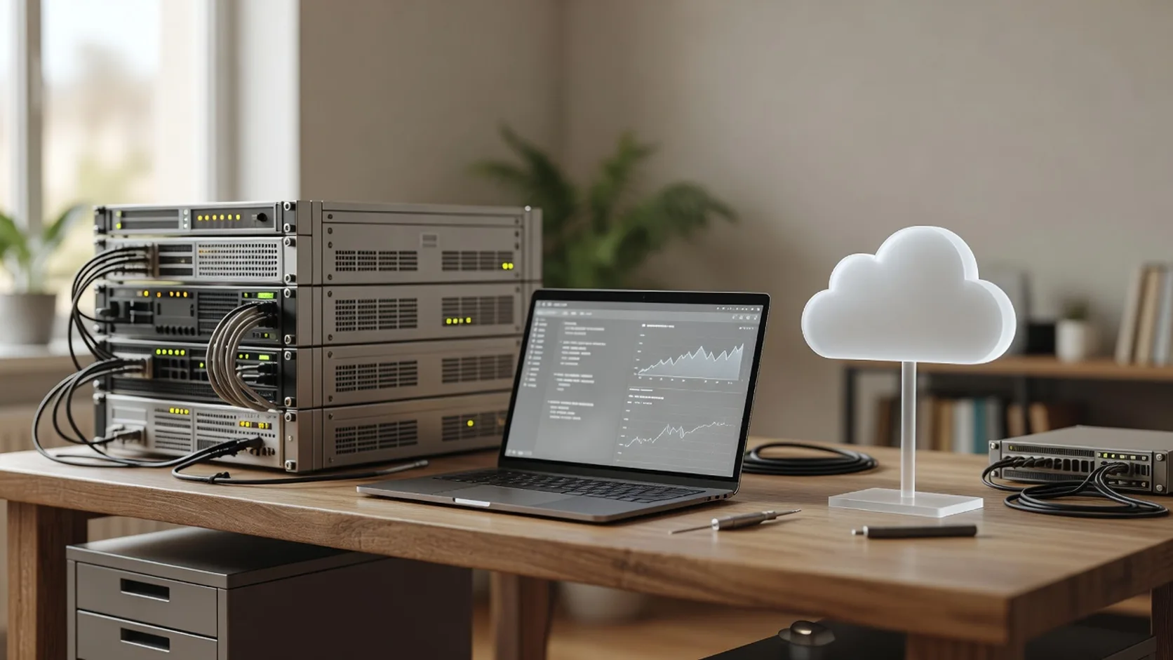 Dos servidores frente a una nube: modelos abiertos autocontenidos y APIs propietarias, con un portátil probando ambos