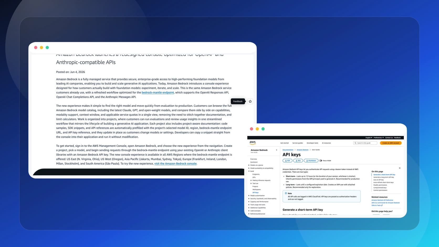 Panel editorial inspirado en la nueva consola de Amazon Bedrock para APIs compatibles con OpenAI y Anthropic