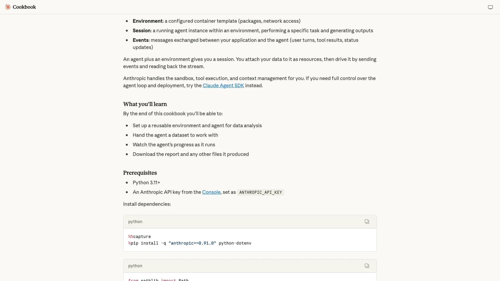Cookbook oficial de Managed Agents con un ejemplo de agente analista sobre sesiones y sandbox