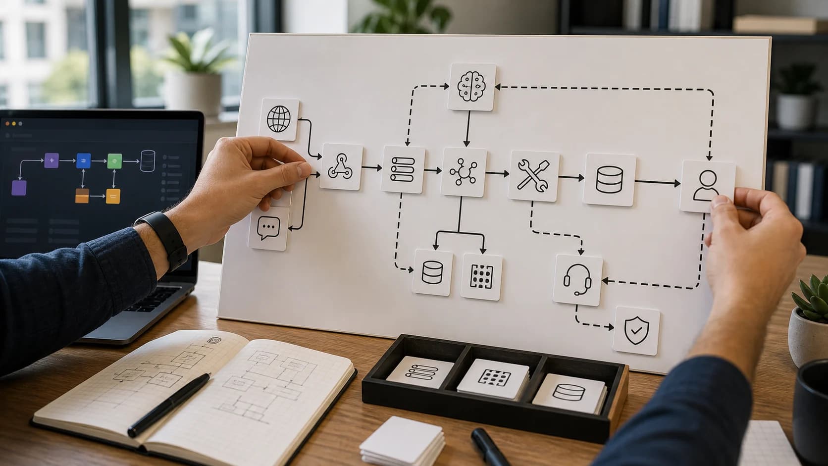 Bloques fisicos conectados que representan webhooks colas memoria y handoff