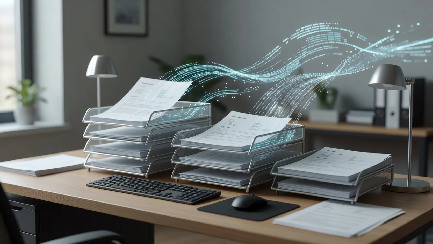 Escritorio de oficina con bandejas de correos, facturas y reportes transformándose en flujos automáticos