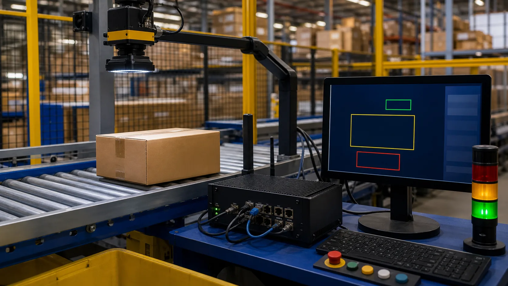 Cámara industrial inspeccionando una caja en una línea de producción junto a un gateway edge y un monitor de detección