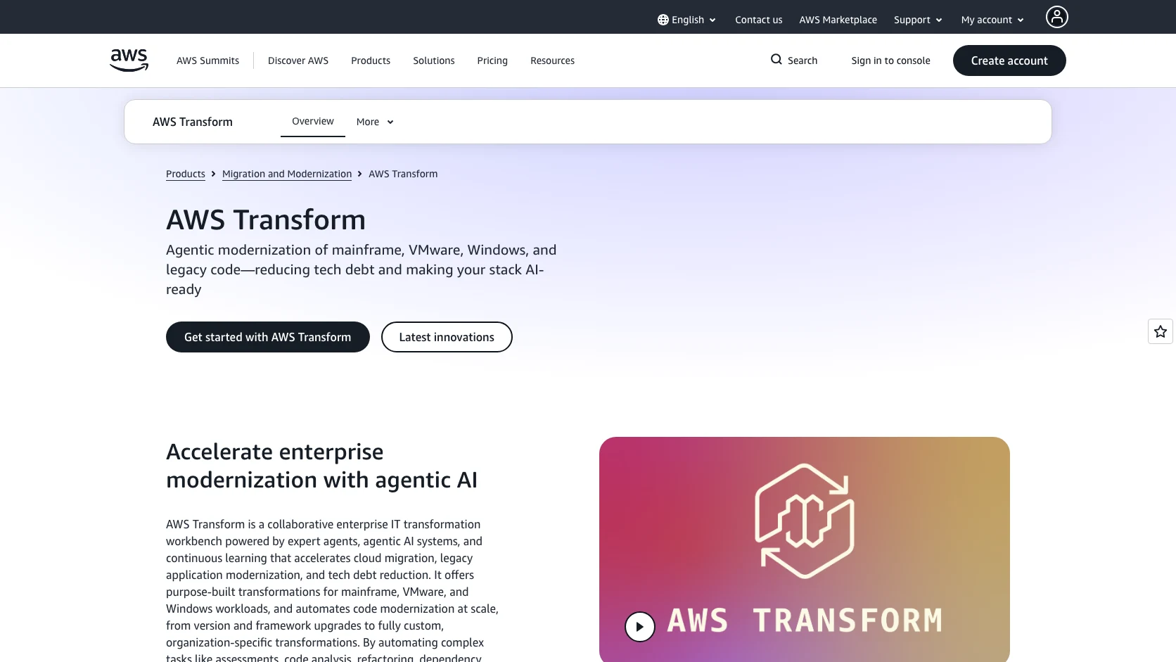 AWS Transform presentado como workbench de modernizacion agentica con acceso desde herramientas de desarrollo