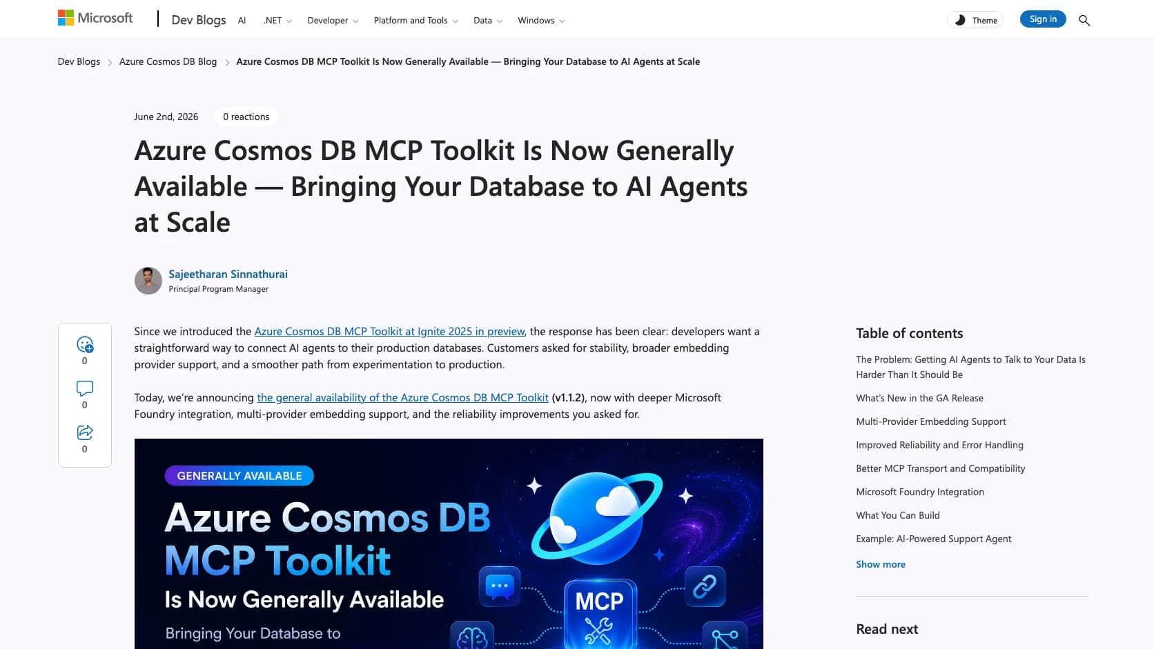 Lanzamiento oficial del Azure Cosmos DB MCP Toolkit con foco en agentes y acceso seguro a datos