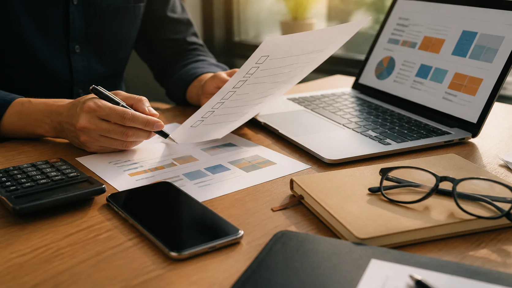 Checklist de revisión sobre un escritorio: fechas, precios y un teléfono listo para enviar el mensaje