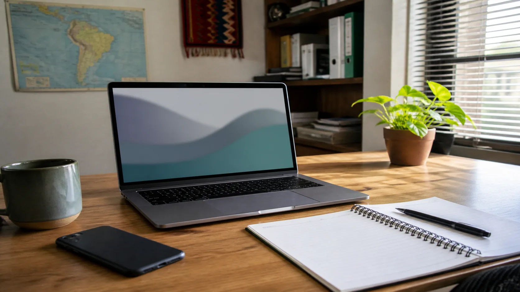 Escritorio de oficina con laptop, cuaderno de tareas y un teléfono, listo para un entregable de trabajo