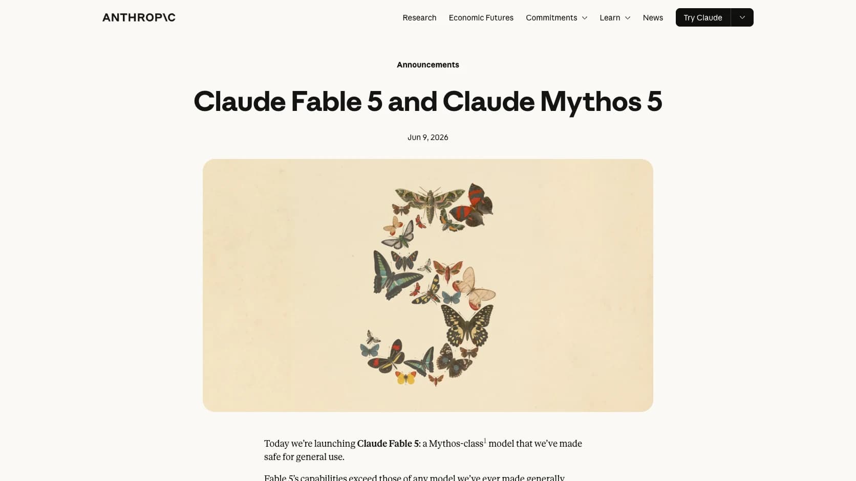 Página oficial de Anthropic con Claude Fable 5 y Claude Mythos 5 como nuevo lanzamiento para trabajo largo y coding