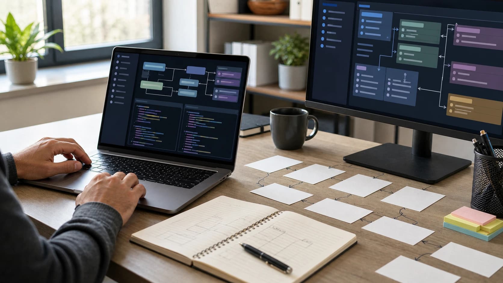 Escritorio técnico con laptop, monitor y tarjetas en blanco conectadas para representar workflows paralelos de agentes de coding