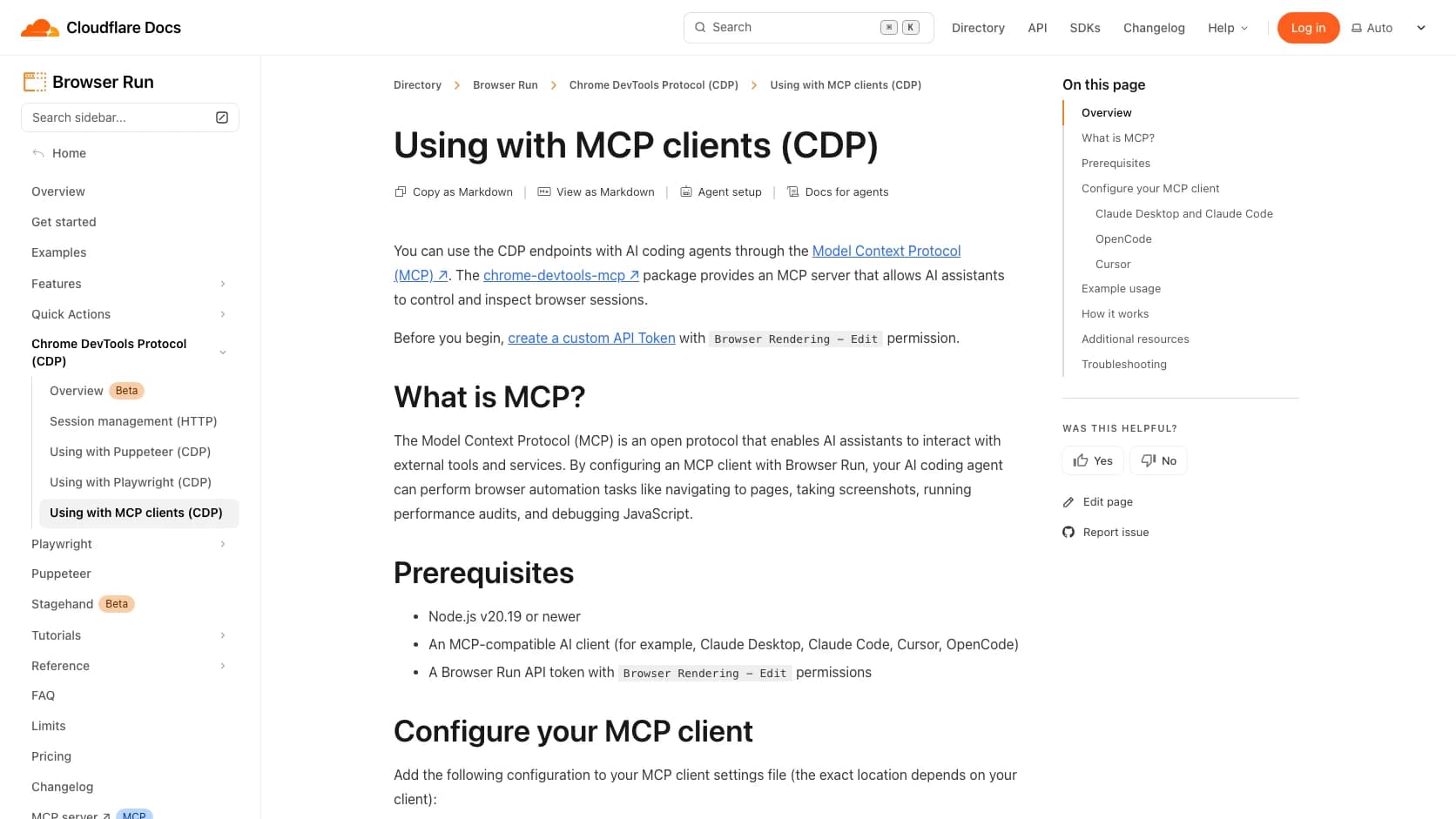 Documentacion oficial de Cloudflare Browser Run con soporte MCP y sesiones de navegador para agentes