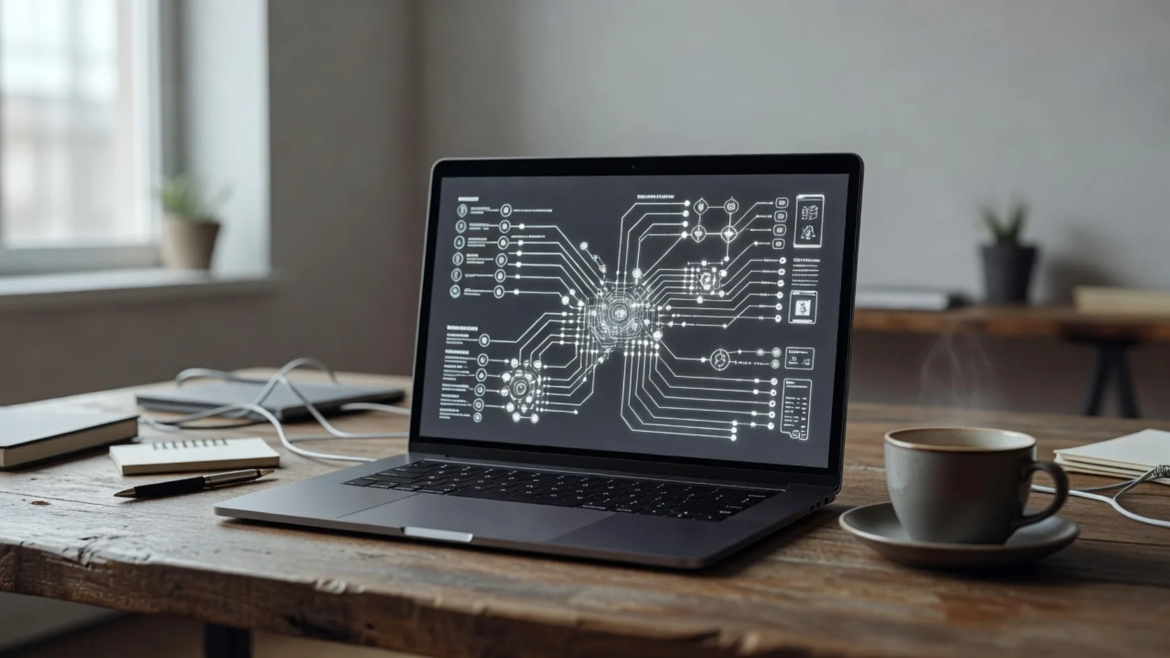 Escritorio con laptop mostrando un workflow visual de nodos conectados para construir un agente en n8n