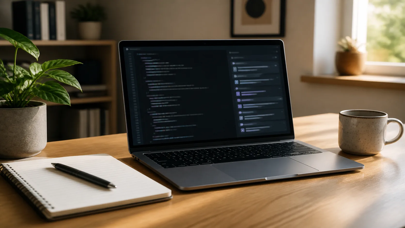 Escritorio de programación con editor abierto, panel de agente y un cuaderno con la tarea del día