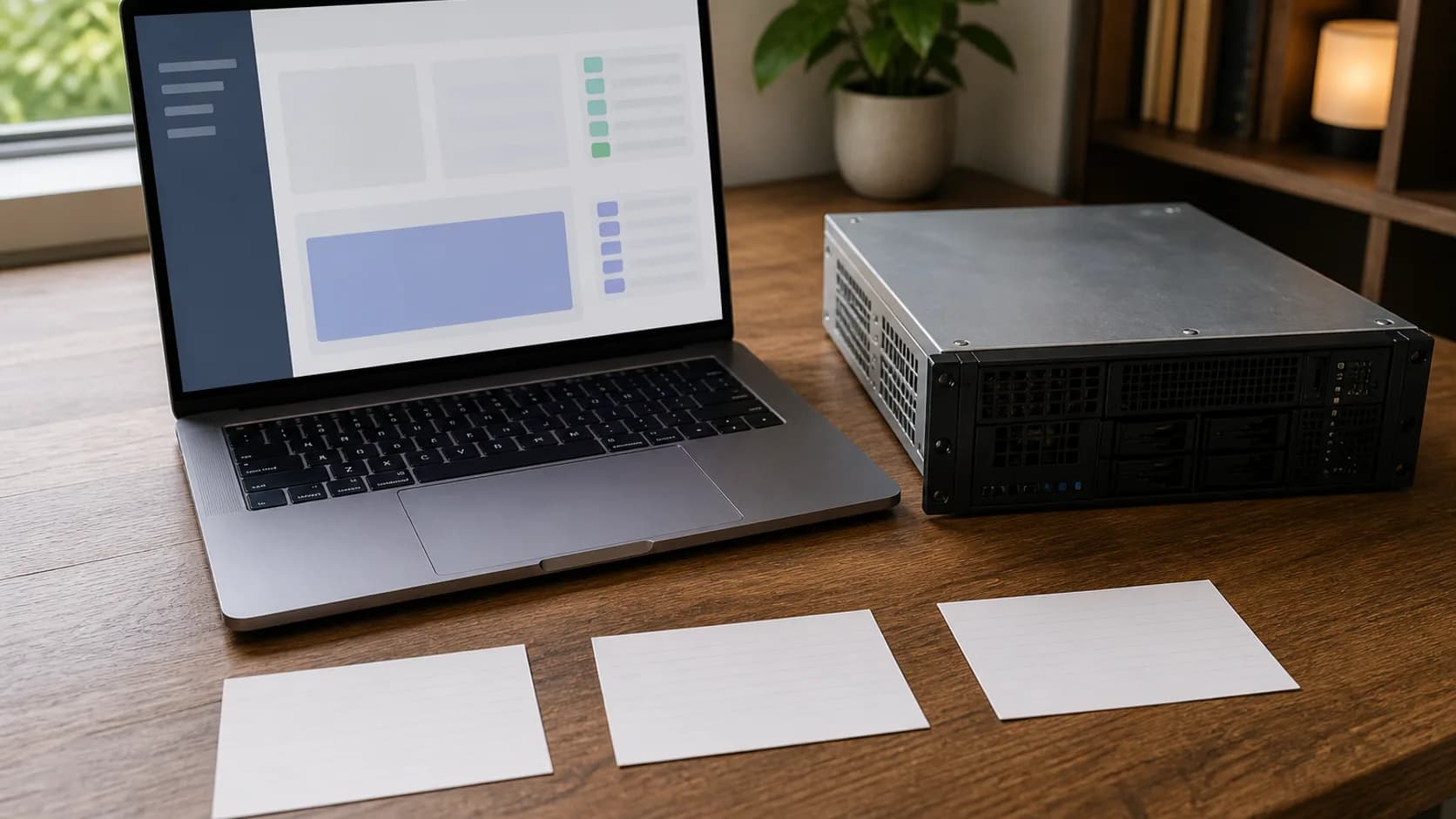 Escritorio con laptop, tres tarjetas de decisión y un servidor pequeño para comparar dónde desplegar un agente