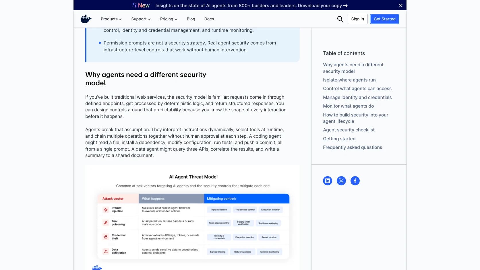 Guia oficial de Docker con los cuatro dominios de seguridad para agentes en producción