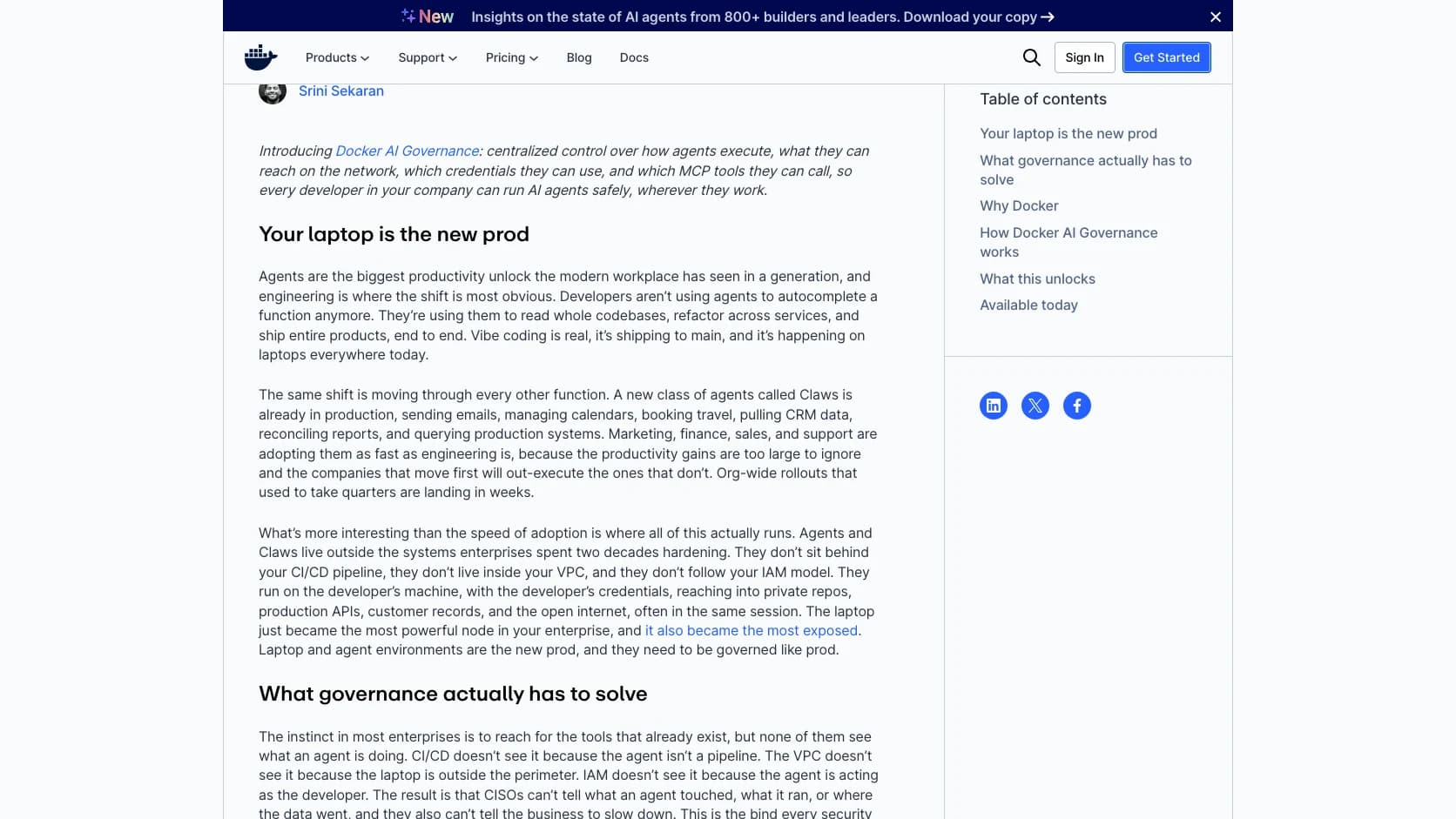 Superficie oficial de Docker sobre AI Governance con foco en politicas para agentes y entornos aislados