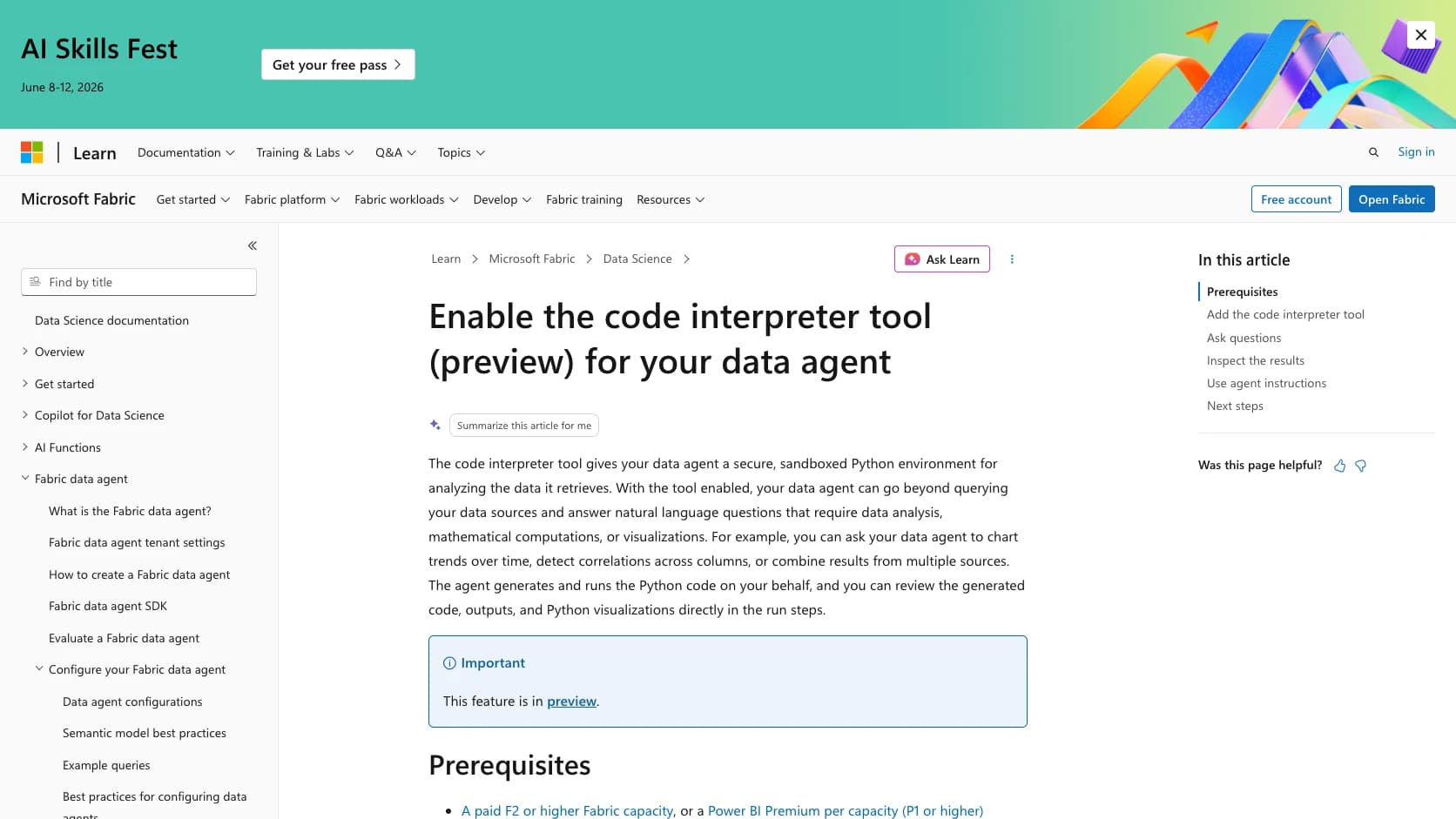 Documentación oficial de Microsoft Fabric para habilitar Code Interpreter en Fabric Data Agent