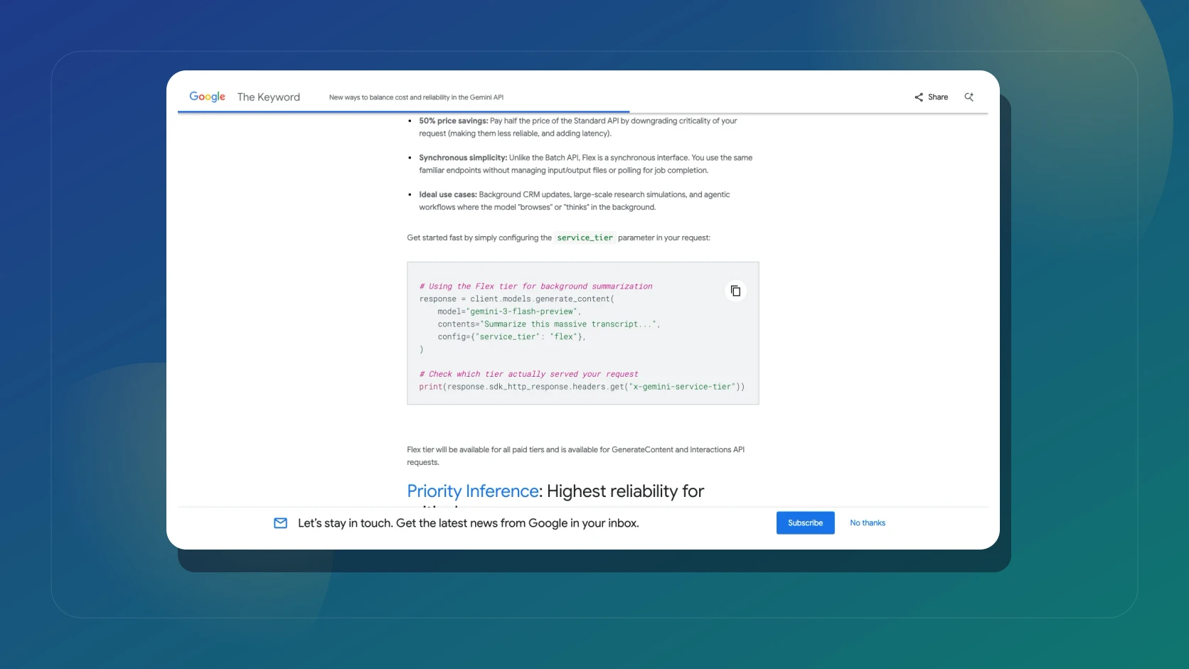 Post oficial de Google explicando los tiers Flex y Priority para Gemini API