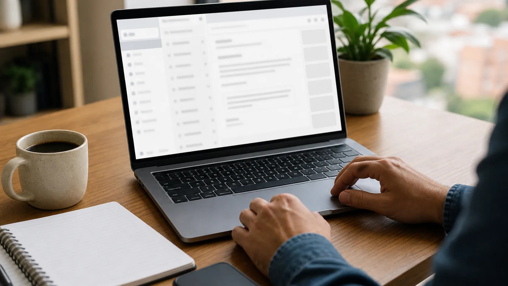 Escritorio de oficina con laptop, cuaderno de tareas y un teléfono listo para enviar un correo de trabajo