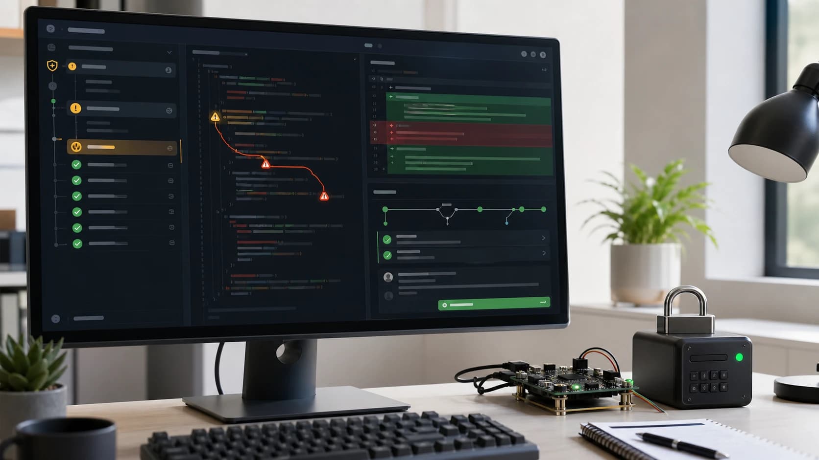 Estación editorial de seguridad donde un agente corrige una alerta de código y valida el parche antes de abrir un pull request