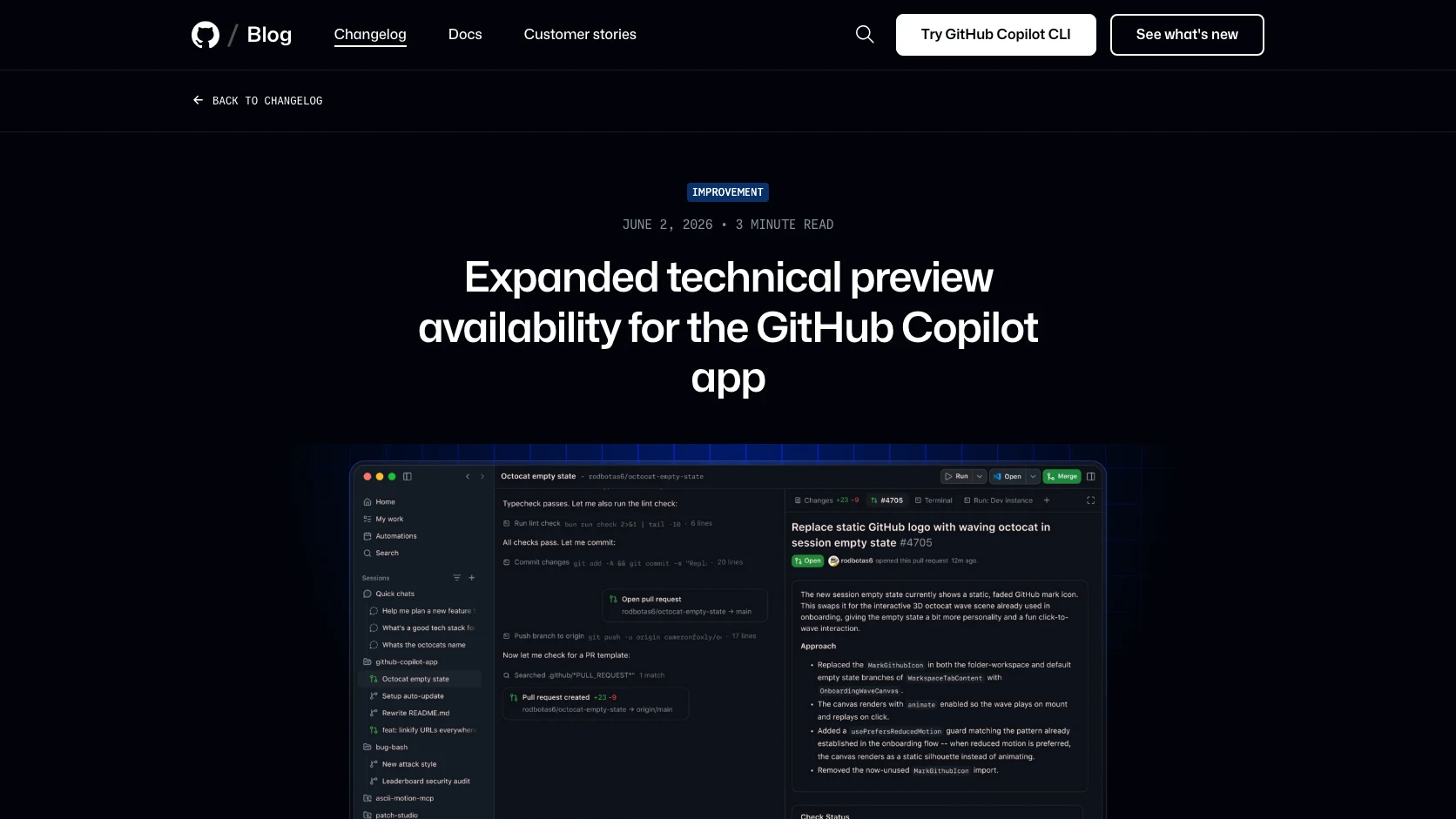Pantalla oficial del anuncio de GitHub Copilot app con disponibilidad ampliada y una interfaz de trabajo agentico