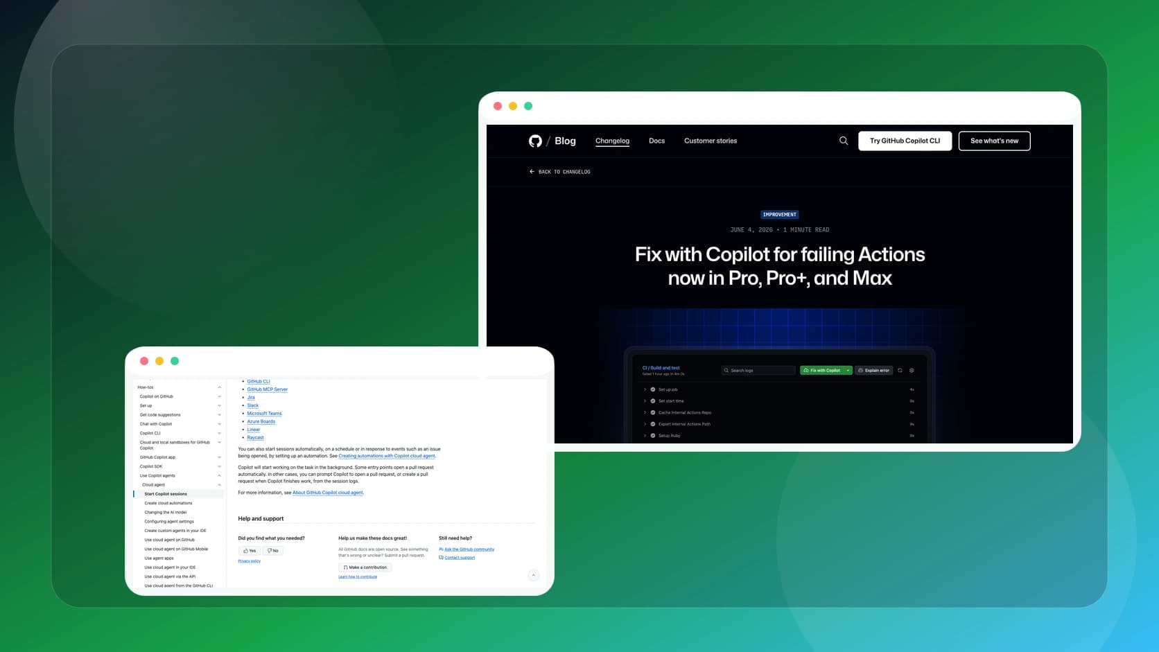 Logs de GitHub Actions con una acción de Fix with Copilot y un loop de revision humana