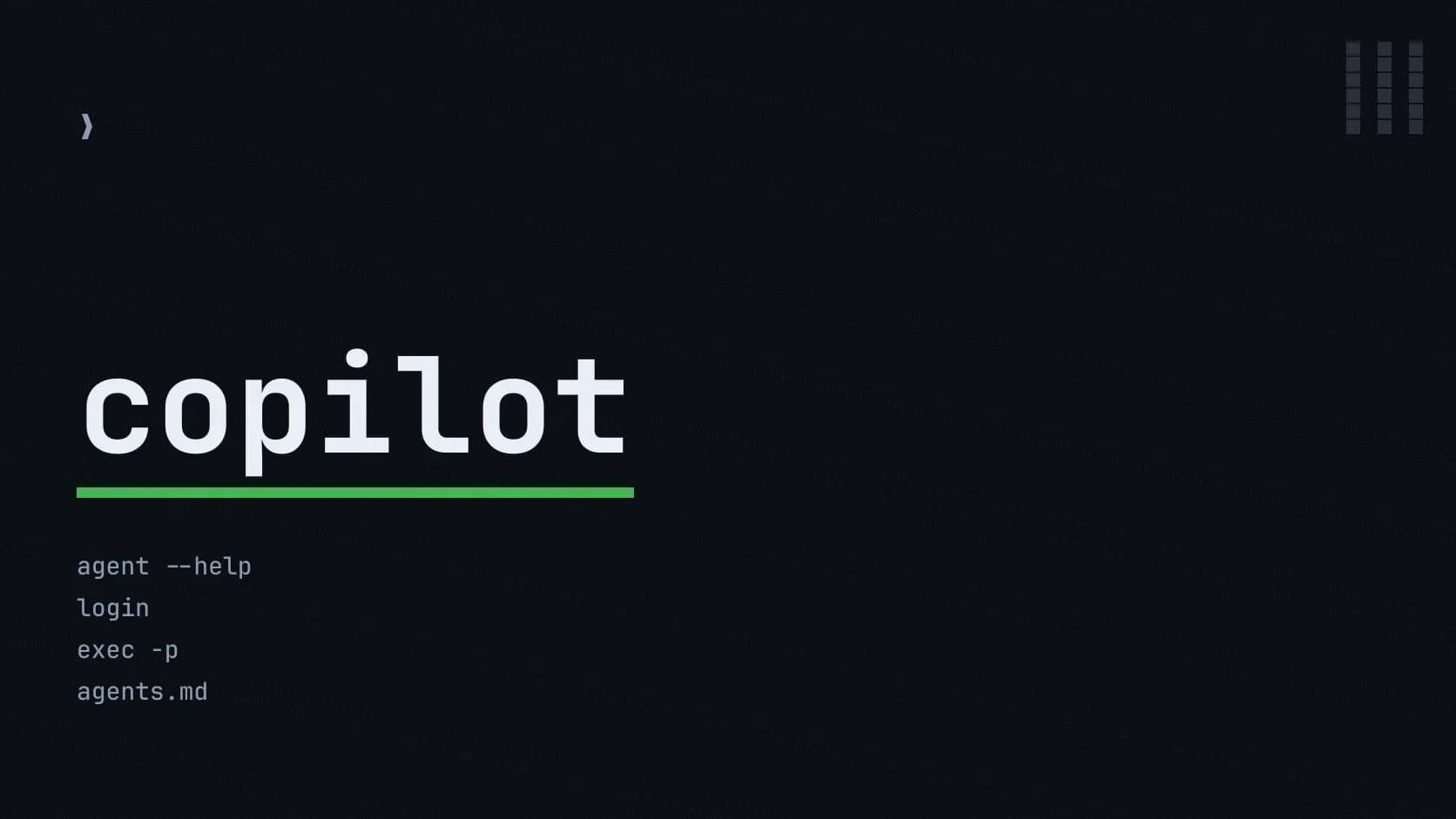 Tipografía copilot con prompt ❯ y cuatro líneas de comandos genéricos