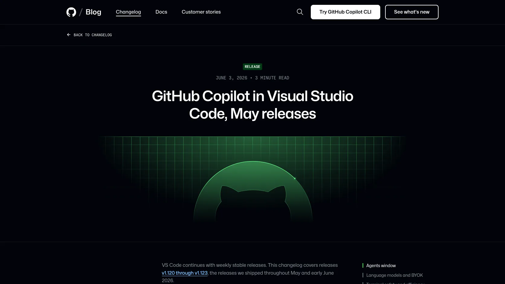 Pagina oficial de GitHub Copilot en Visual Studio Code con las novedades de mayo 2026