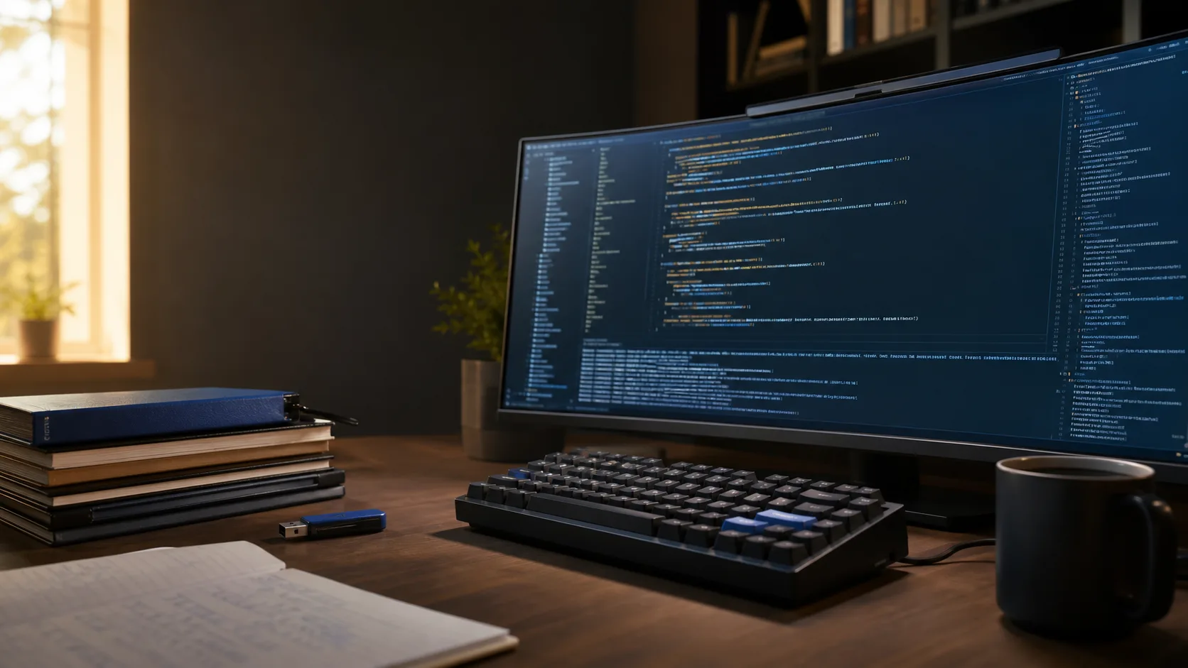 Terminal de un coding agent junto a un repositorio abierto, teclado mecánico y una memoria USB