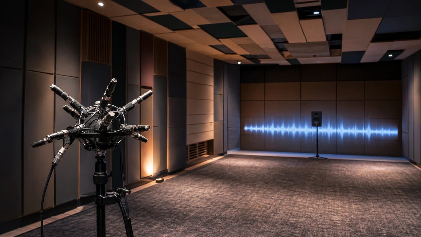 Sala de pruebas acústicas con micrófonos a distancia para evaluar la calidad real de un agente de voz