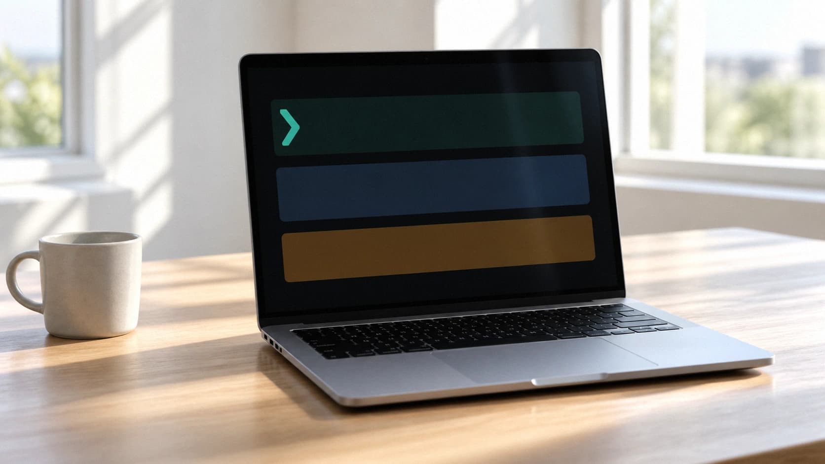 Laptop sobre escritorio real con ventana de terminal y tarjetas de flujo que representan Codex CLI junto a la app de ChatGPT