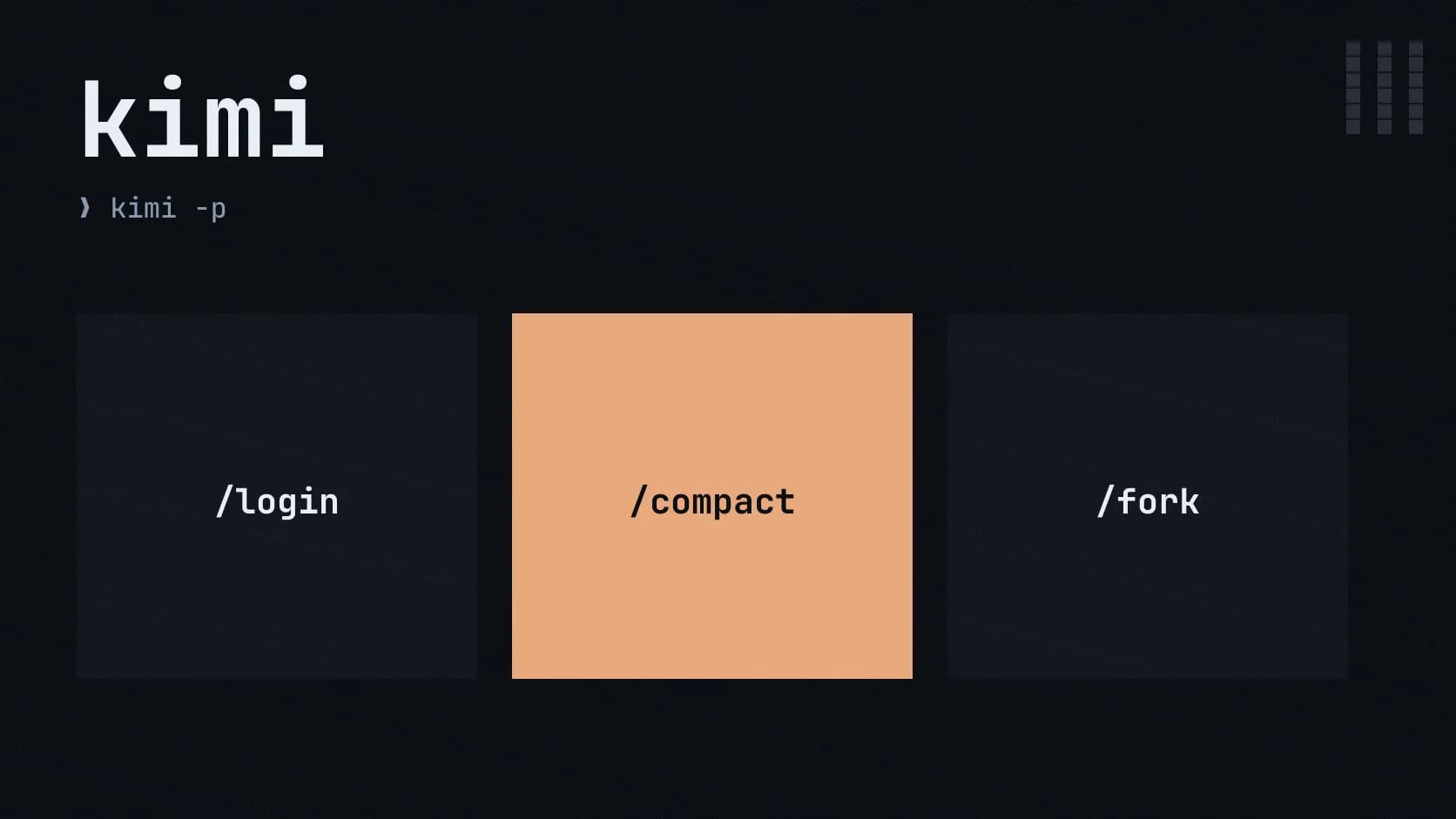 Nombre kimi, prompt ❯ kimi -p y tres bloques /login /compact /fork