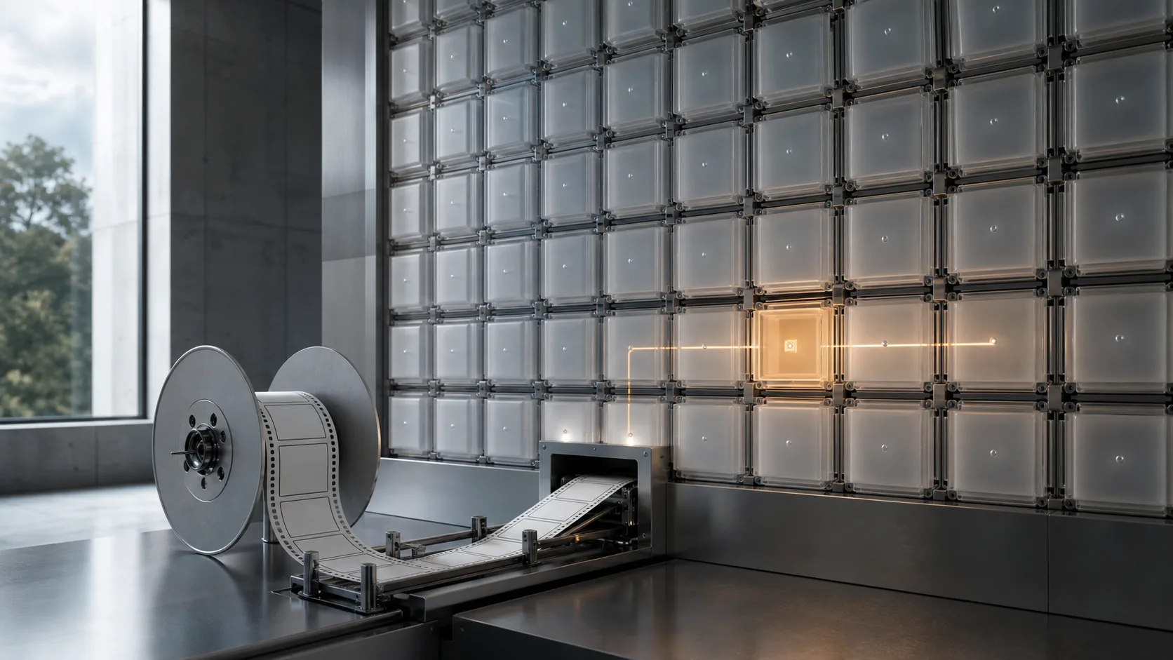 Muro modular de cómputo con una celda activa que representa un modelo multimodal de contexto extenso