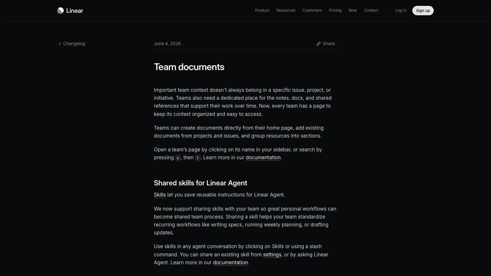 Pagina oficial de Linear sobre team documents y skills compartidos para Linear Agent
