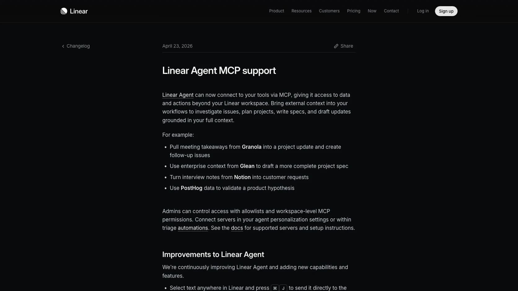 Captura oficial de Linear Agent con soporte MCP para conectar herramientas externas al flujo de trabajo