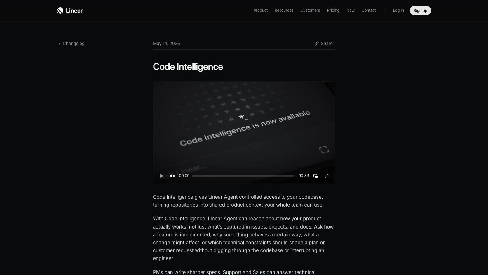 Changelog de Linear sobre Code Intelligence y acceso controlado al código para el agente