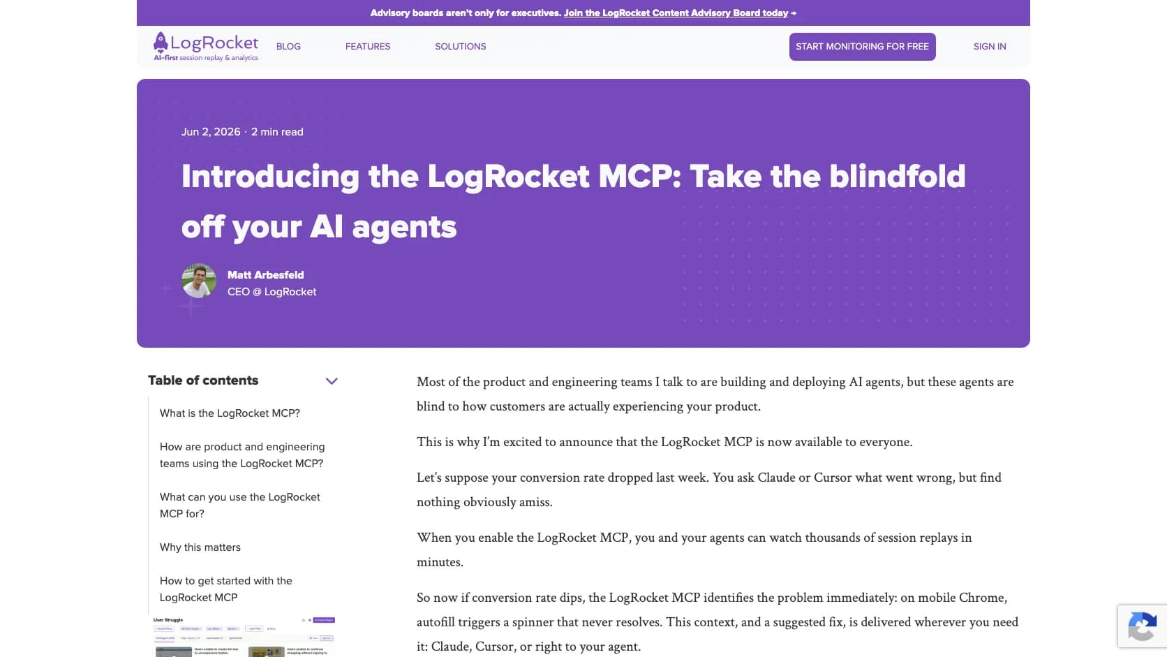Anuncio oficial de LogRocket MCP con foco en observabilidad real para agentes y debugging de producto