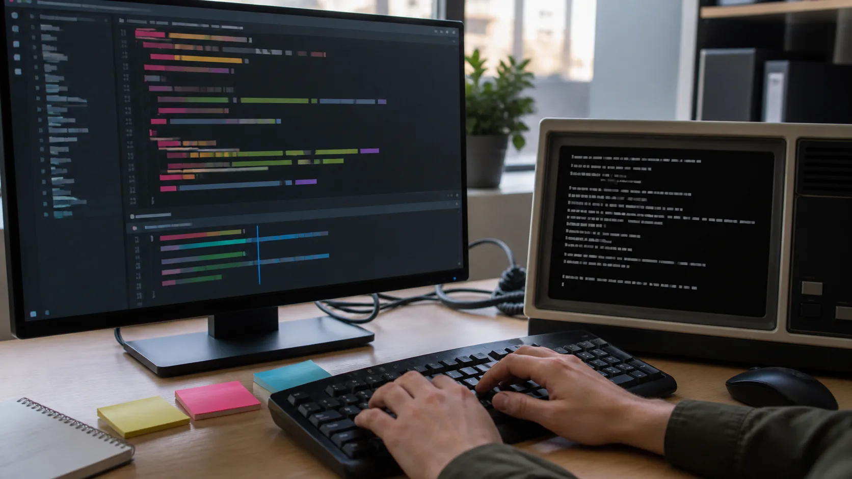 Estación de trabajo con un editor a la izquierda y una terminal a la derecha, dos superficies distintas de un agente de código