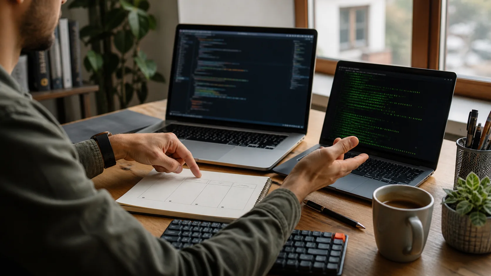 Desarrollador en un escritorio real comparando un editor y una terminal para elegir un agente de código