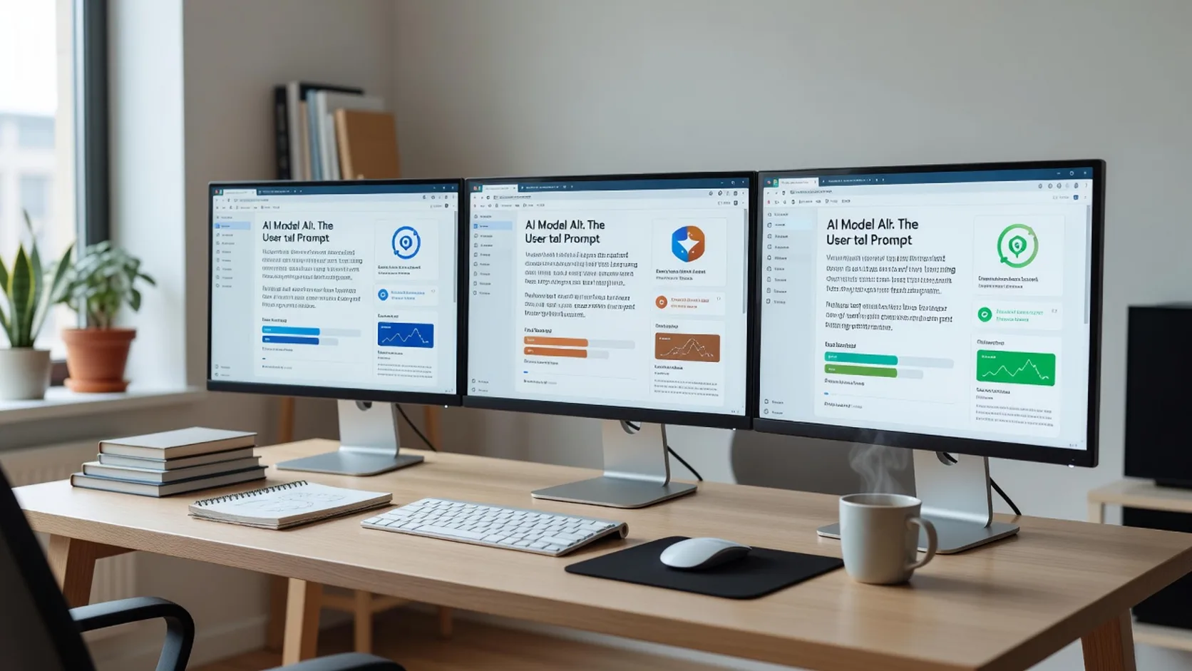 Tres ventanas de modelos de IA con el mismo prompt adaptado a cada uno sobre un escritorio