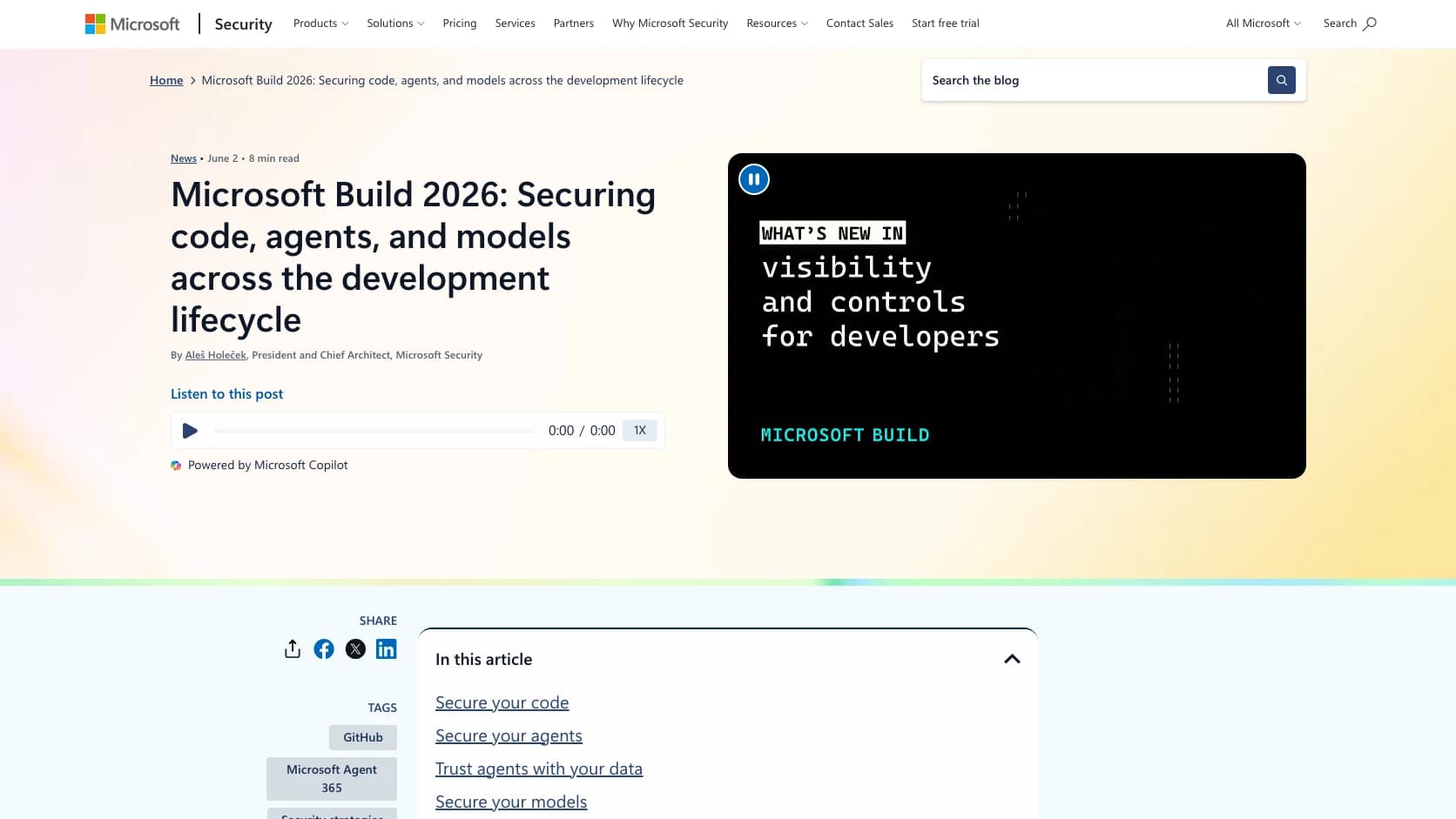 Blog oficial de Microsoft Security con Agent 365 y registro de agentes locales