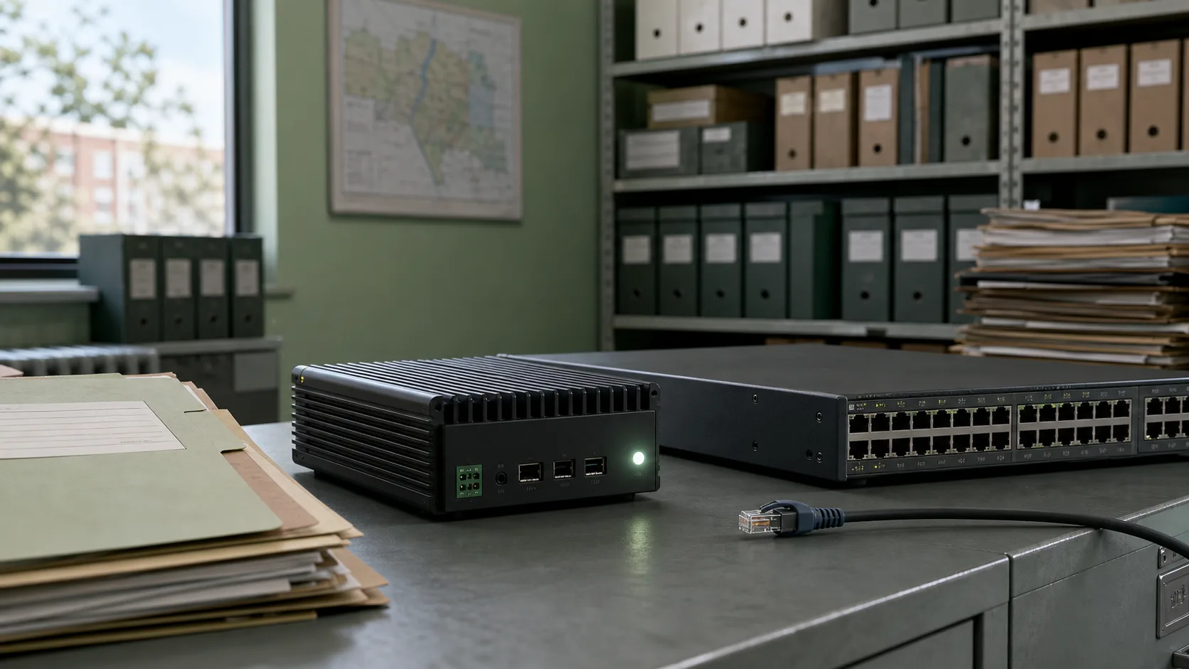 Dispositivo de cómputo edge y switch de red junto a expedientes físicos en una sala de archivos
