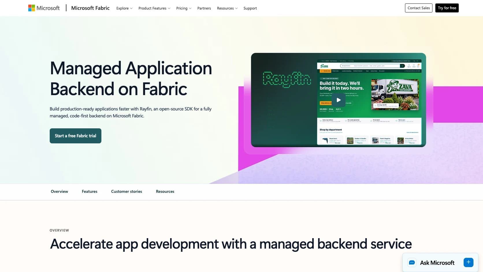 Captura oficial de Rayfin sobre Microsoft Fabric con backend administrado, datos y despliegue