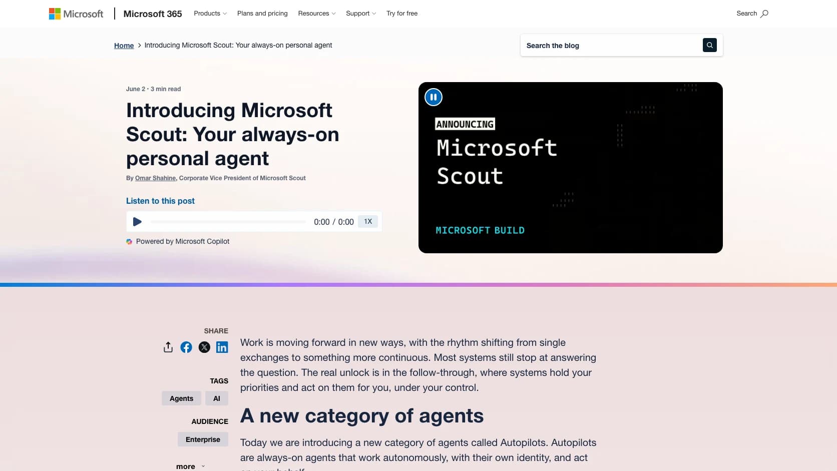 Anuncio oficial de Microsoft Scout como agente Autopilot para trabajo continuo en Microsoft 365