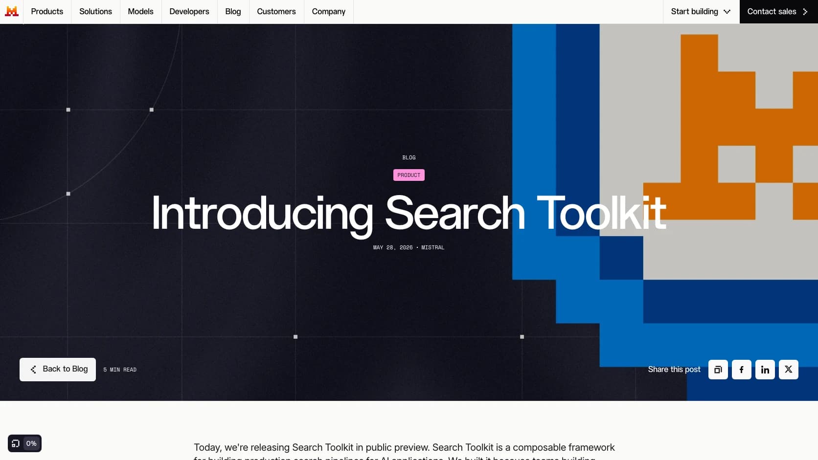 Captura oficial del lanzamiento de Mistral Search Toolkit para pipelines de retrieval y RAG