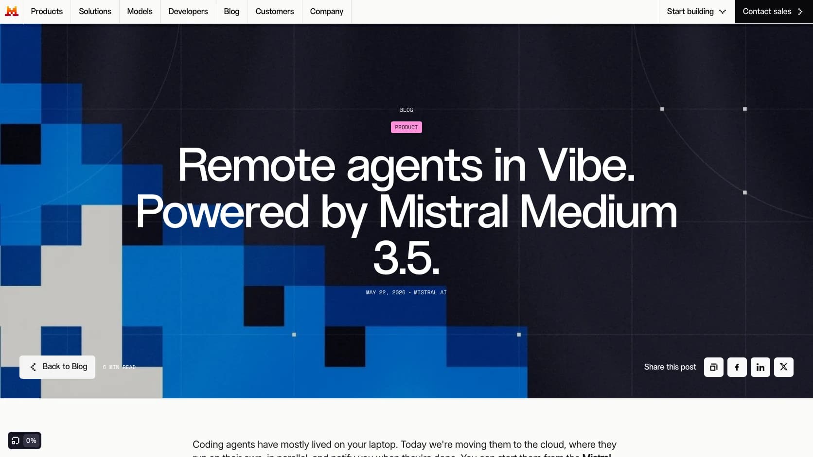 Captura oficial de Mistral Vibe sobre agentes remotos de coding y trabajo en la nube